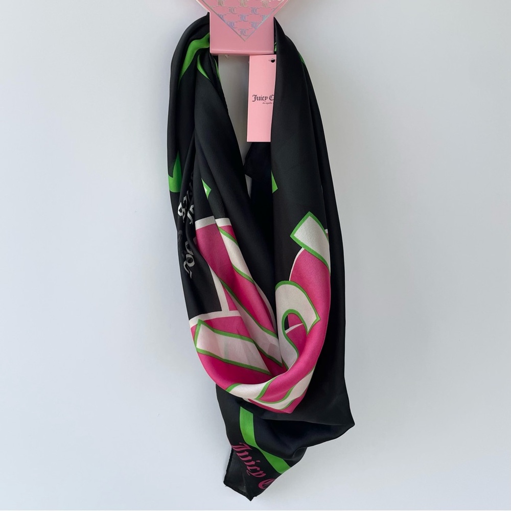 JUICY COUTURE Women’s Silky Scarf Black Green Border Logo Cherry Graphic NWT